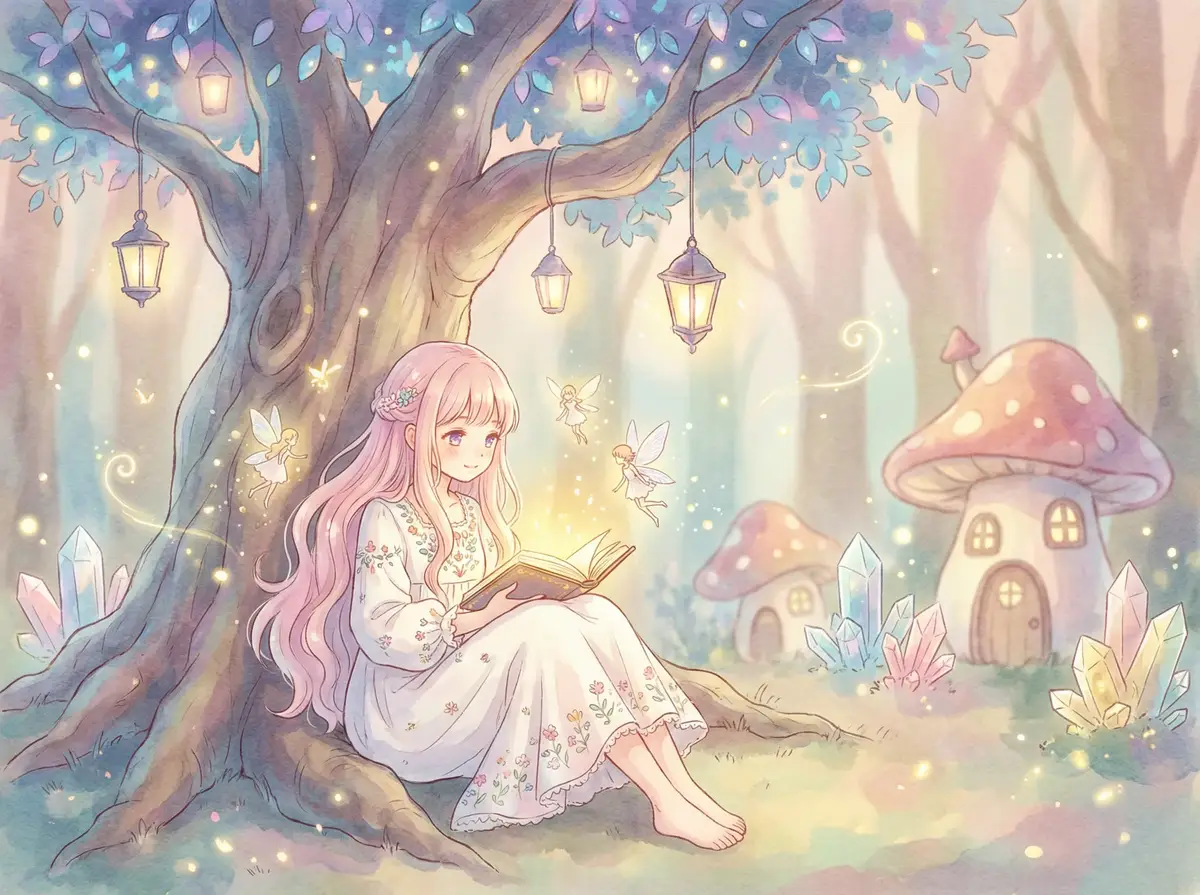 撸撸射网址 - 魔法森林中阅读故事书的粉发少女与精灵